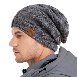 PAGE ONE Mens Winter Slouchy Beanie Warm Fleece Lined Skull Cap Baggy Cable Knit Hat Gray