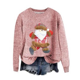 QUINTRA Oversized Pullover Women's Santa Print Sweatshirt, Long Sleeve Crew Neck Tops, pink, M