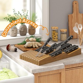 In-Drawer Knife Block Organizer - Bamboo Wood Drawer Knife Organizer-Protecting Knife Organizer Block (Not Included) (Brown, 19 Knives Dock)