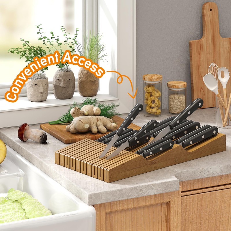 In-Drawer Knife Block Organizer - Bamboo Wood Drawer Knife Organizer-Protecting