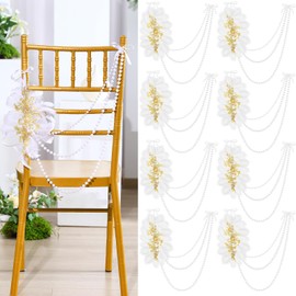 Yuntau 16pcs Wedding Ivory Pearl Chair Back Decor Pearl Beaded String Feather with Glod Applique Chair Sashes Seat Back Garland Decor for Wedding Ceremony Party Bridal Shower Decorations