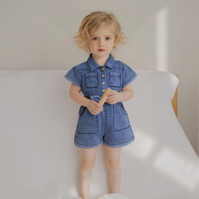 Toddler Little Girls Denim Jumpsuit Shorts ShortSleeve Button Down Elastic