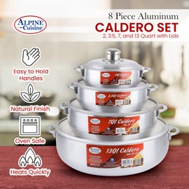 Alpine Cuisine Durable Hot Pot Caldero Set, Versatile for Stew, Vegetables, Rice & Healthy Everyday Use for Home Cooked Family Meals and Easy to Clean Aluminum 4 Pots with Lids (2/3.5/7/13 QT) Silver