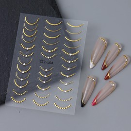 French Nail Stickers - 3D Self-Adhesive Rhinestones Nail Art Decals for Women, Gold Silver Line Gems for French Manicure, Perfect for Nail Art Design, 2 Sheets