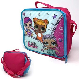 L.O.L Surprise! Rectangular Insulated Lunch Bag with Mesh Side Pocket & Shoulder Strap for Girls & Teens Featuring Cartoon Dolls Print - Kids School Bag for Lunch