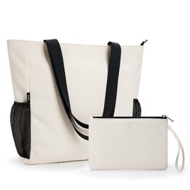 KALIDI Straw Tote Beach Bag Striped Shoulder Handbag Stitch Woven PU Leather Handle Zipper Closure Inner Pocket Travel Shopping Picnic