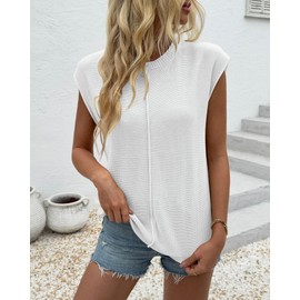 COSSEN Womens Summer Cap Sleeve Tops Casual Crew Neck Sweater Vest Knit Lightweight Sweater Top White M