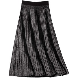 CHARTOU Women's Winter Reversible Stretchy Waist Knitted A Line Pleated Midi Skirt, Grey, Medium