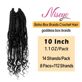 Niseyo Goddess Box Braids Crochet Hair 10 Inch 8 Packs Short Crochet Box Braids Pre Looped Curly Ends Premium Quality Synthetic Hair (1#/Jet Black)