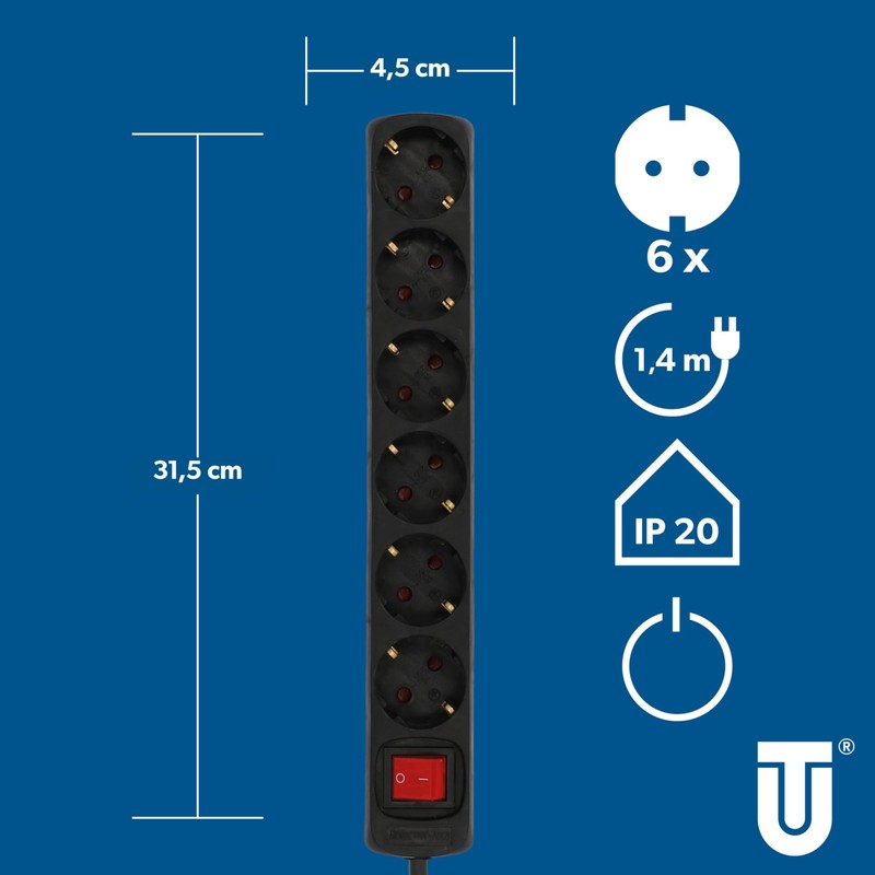 UNITEC H05VV-F 3G1.5 mm² Table Socket with Plug Switch, 6-Way,