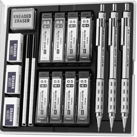 Nicpro Nicpro 3 Pack Blocky Gear 0.5 mm Metal Mechanical Pencils Set with Case, Lead Drafting Pencil with 8 Tube (480PCS) Lead Refills(HB 2B), 4 Erasers, 18 Eraser Refills for Art Writing, Sketching Drawing