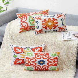 Pyonic Outdoor Waterproof Throw Pillow Covers for Patio Furniture Decorative Boho Pillow Covers 12x20 Floral Printed for Patio Tent Couch Garden Set of 4,Orange