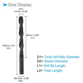 CoCud 6542 High Speed Steel Twist Drill Bits, 9.7mm Diameter 132mm Length, Black Oxide Straight Twist Jobber Drill Bit - (Applications: for Metal Woodwork Plastic Aluminum), 2-Pieces