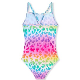 TENVDA Girls Swimsuits One Piece Swimwear for 6-7 Years Old Little Kids Rainbow Leopard Printed Swimming Surfing Sports Bathing Suits