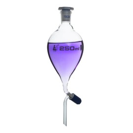 Separating Funnel, 250ml - Pressure Equalizing, Pear Shaped - 19/26 Plastic Stopper, Rotaflow Stopcock - Borosilicate Glass - Eisco Labs