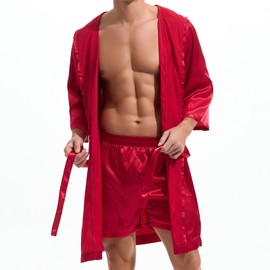 AMY COULEE Mens Silk Robe with Shorts 2 Pcs Satin Boxers Hooded Bathrobe Sexy Pajama Set Half sleeve Sleepwear (L, Red)