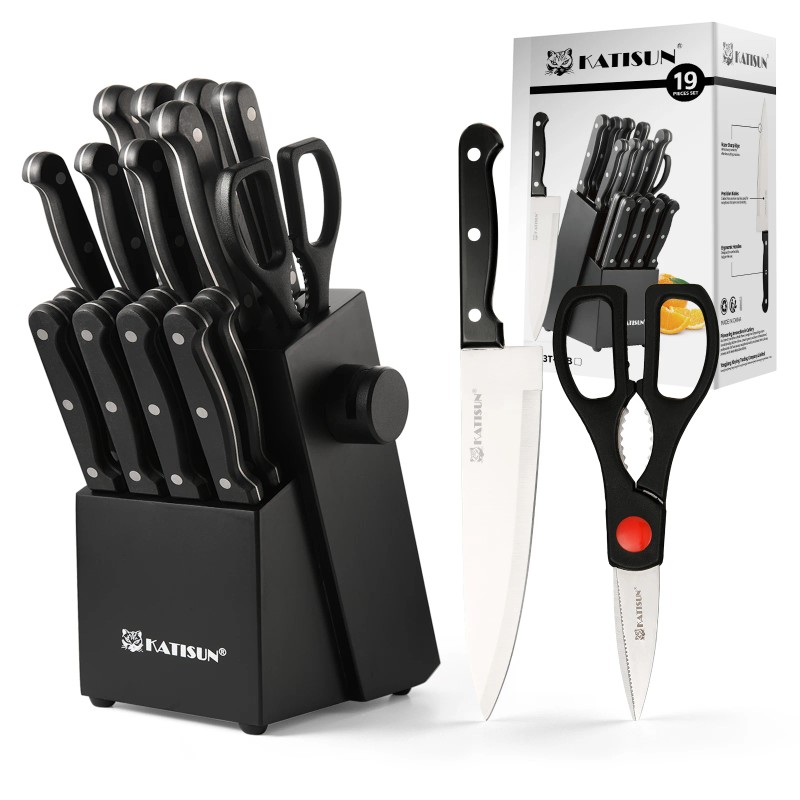 19-Piece Plastic Handle Carbon Steel Kitchen Knife Block Set with
