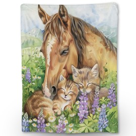 Ti Caldi Tranquil Horse and Cats in Meadow Blanket Soft Flannel Throw - Cozy, Lightweight & Fluffy - Perfect for Couch, Bed, Travel - Charming Home Decor for Indoor & Outdoor Use 60"x50"