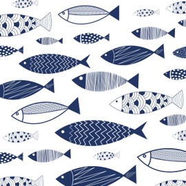 Nanoflake Navy Blue and White Fish Pattern Shower Curtain Set with Hooks, Waterproof, 72in x 72in (Blue and White)