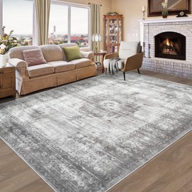 Vintage Living Room Area Rug - 8x10 Large Machine Washable Boho Moroccan Distressed Farmhouse Rugs for Bedroom - Soft Non-Slip Indoor Floor Accent Rugs for Office Dining Room (Grey, 8'x10')
