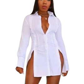 LYANER Women's Collar V Neck Long Sleeve Button Down Slit Hem Long Shirts Blouse Top White Small