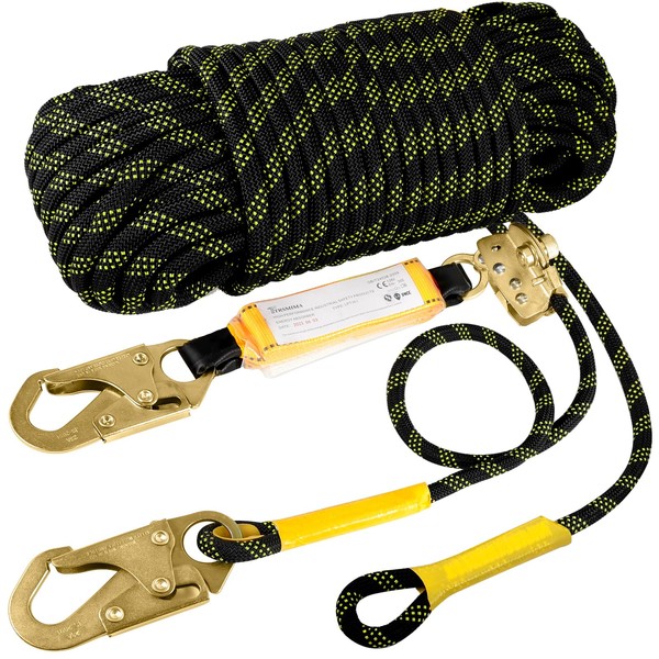 TRSMIMA Rope Harness Safety Lanyard：100ft Vertical Roofing Rope With Grab Snap Hooks Shock Absorber - Fall Protection Tree Climbing Line Kit Heavy Duty Roof Safety Equipment ANSI CE
