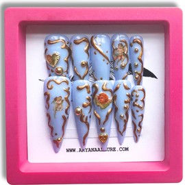 3D Press on Nails Fake Nails Blue Angels Long Stiletto Press on False Nails Luxury Design Nails for Women 10 PCS Acrylic Handmade Nails, Blue Angels Collection- (Small)