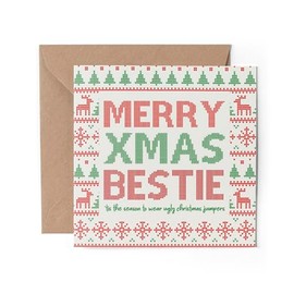 1 x Greeting Card - Merry Christmas Bestie Best Friend Ugly Jumper Joke Funny Festive Winter Kids Happy Xmas Aesthetic Art #81208