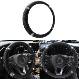 Bling Leather Steering Wheel Cover, Rhinestones 15 Inch Colorful Auto Steering Wheel Protector, Sparkly Crystal Diamond for Women Girls Most Cars (Black)