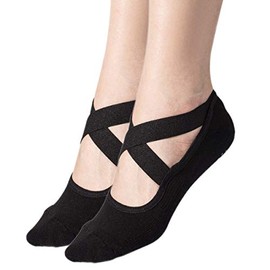 Toes&Feet Women's 2-Pack Black Padded Cushioned Anti-Slip Grips Yoga Pilates Ballet Barre PiYo Socks With Elastic Strap, Size 3-8