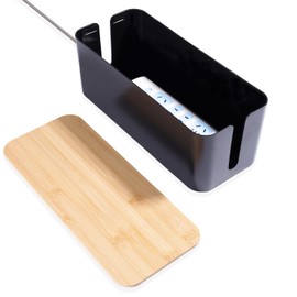 QOEOTUY Cable Box Cable Organiser Storage: Cable Management Box with Bamboo Lid for Cable Organisation, Cable Management Box for Cable Organisation and Hiding Cables - Black