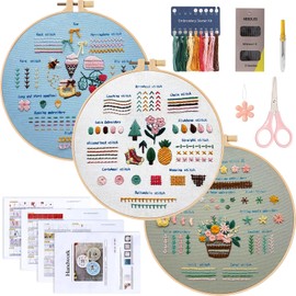 DEMIUKO 3 Sets Embroidery Kit for Beginners Embroidery DIY Set Adult Cross Stitch Kits Starter Handmade Kit with Flowers Bees Desserts Pattern Embroidery Hoop Colour Threads Tools Instructions
