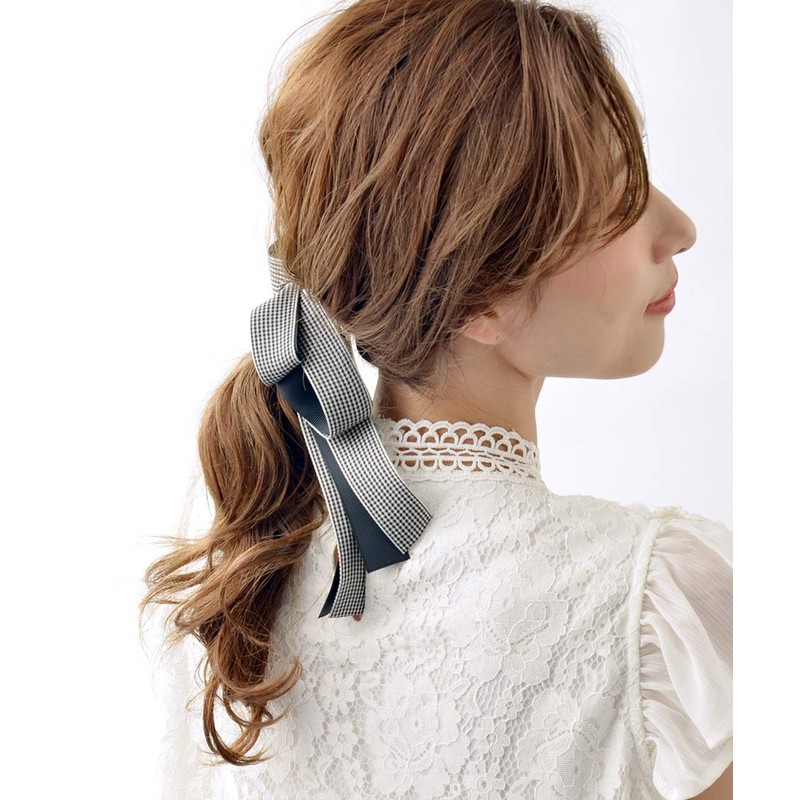 VINGTAINE H7220-BK- Gingham Plaid Long Ribbon Pony Hook Hair Cuff