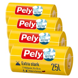 Pely Drawstring Bin Liners Extra Strong – Climate Neutral by Compensation, Value Pack (4 x 17 Pieces), Yellow, for Disposal of Residual Waste (25 Litres)