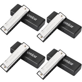 UPINS Harmonica, 4PCS Key of C 10 Hole 10 Tones Titanium Color Harmonica with Case for Beginner (Silvery)