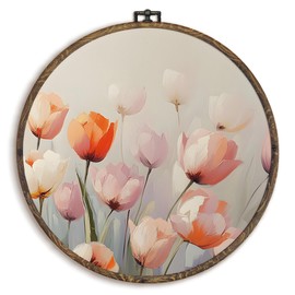KFXHANGD Spring Tulip Round Wall Art Framed, Tulip Wall Art,Tulip Bathroom Decor, Easter Botanical Floral Canvas Wall Art Decor, Pink Flower Tulip Hanging Wall Decor for Girls Room Bedroom, 10x10In