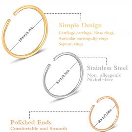 18pcs Colorful Nose Rings, Stainless Steel Fake Nose Ring, Nose Ring Hoop，Cartilage Earrings For Women, 6 Colors, 3 Sizes (6-10mm)