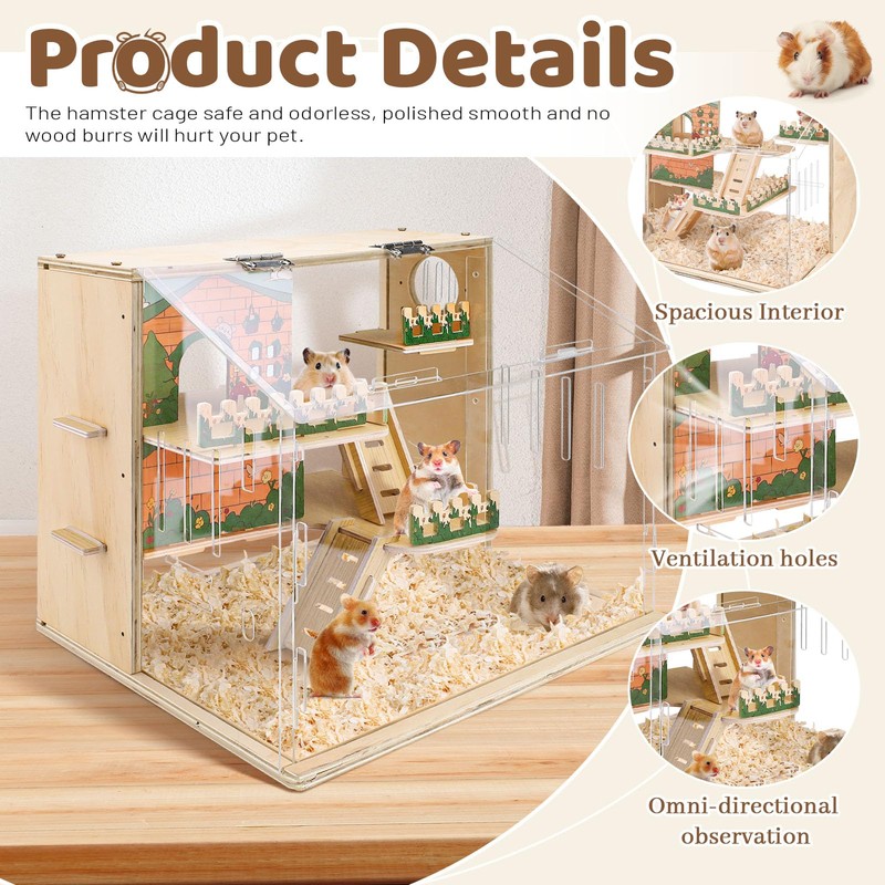 Large Acrylic Hamster Cage, Wooden Dwarf Hamster Habitat, Spacious Dwarf