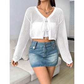 SECRETEYARD Womens Lightweight Crochet Cardigan Tie Front Shrugs Knit Crop Tops