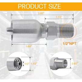 12 Pack Hydraulic Hose Fittings 1/2" I.D. Hose x 1/2" NPT Male ，Durable Carbon Steel Ends for Single Wire Hydraulic Line Systems