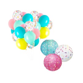 NEVKA Party Decorations, 33 Pieces Donut Birthday Party Decorations Including Donut Hanging Paper Lanterns Confetti Sprinkle Balloons and Rainbow Balloons for Birthday Party Decorations