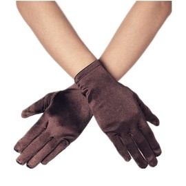 DreamHigh Women Short Satin Mittens Opera Gloves Wrist Length Gloves (Brown)