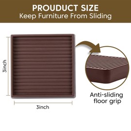 Furniture Pads Rubber Furniture Caster Cups, Anti-Sliding Bed Stopper Floor Protectors with Grip, 3x3 Square Non Slip Furniture Pads - Protect Any Flooring (Brown, 4 Pack)