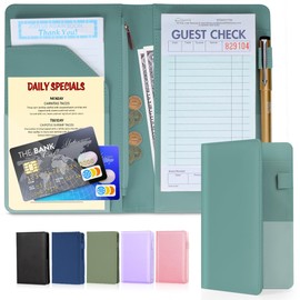 LINTRU Server Books for Waitress, Premium Pu Leather 5 x 8 Inch Servers Book with Zipper Pocket, Waitress Book Fit for Aprons, Check Presenters for Restaurants (Cameo Blue)