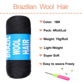 Mscat 4 Roll Natural Black Brazilian Wool Hair Yarn for Hair Crochet Braiding Braid Twist Warps Senegalese Twisting Jumbo Braids Faux locs Box Braids Knitting Hair Braids 70G/Roll(1B#)