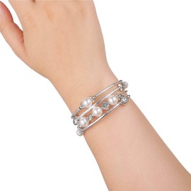 BULINLIN Beaded Pearl Layered Bangle Bracelet for Women Turquoise Bohemian Thick Silver Plated Fashion Jewellery Gifts for Birthday(White pearl)