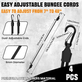 MILYARD 4 Pcs 48 Inch Adjustable Bungee Cord with Hooks, Easy to Adjust from 7" to 48", Heavy Duty Outdoor Carabiner Bungee Cord with Dual Adjustable Ends for Cargo Bike Luggage Carts Truck (Black)