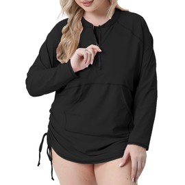 Halcurt Plus Size Rash Guard for Women UPF 50+ Zip Drawstring Ruched Pocket Top, Black, 3X