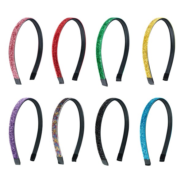 Haarreifen mit Glitzer Stirnbänder Rutschfeste Haarbänder 10mm Breite DIY Haarschmuck für Mädchen Kinder Mehrfarbig 8 Stück