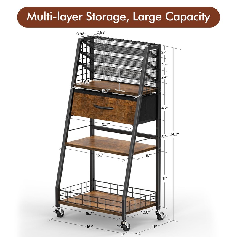 Housolution 3 Tier Rolling Cart with Drawer, Utility Cart with